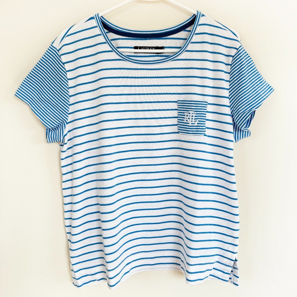 Lauren Ralph Lauren Short Sleeve Striped Pocket T-Shirt Blue White Women's LARGE